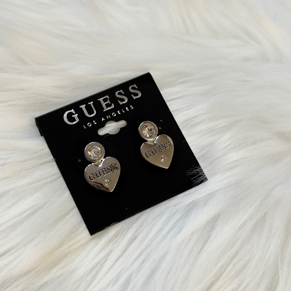 GUESS Silver Heart Shaped Crystal Earrings New